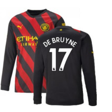2022-23 Manchester City De Bruyne 17 Long Sleeve Away Black And Red Authentic Jersey